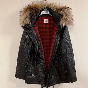 SAM. NEW YORK Black Coated Canvas Flannel Fox Fur Trim Parka Jacket, Sz S, $995